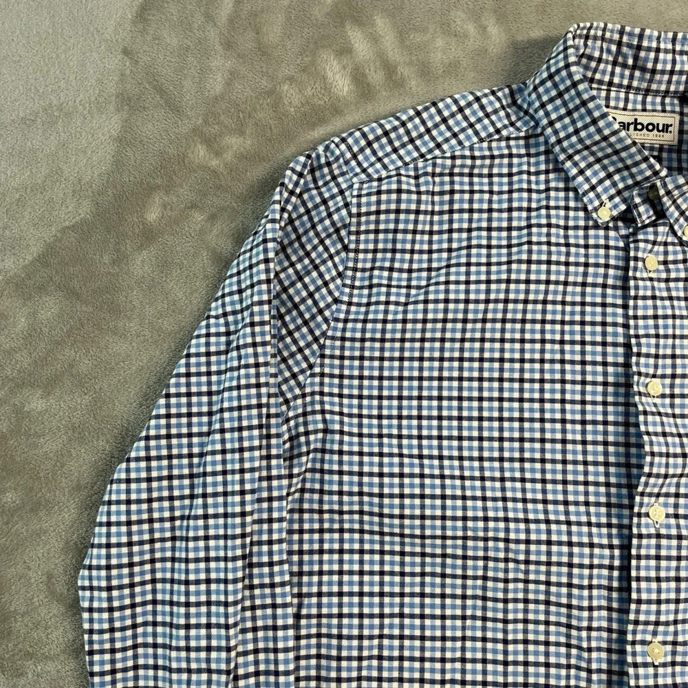 Barbour Gingham Check Tailored Fit Button Shirt Mens Medium Blue White Preppy